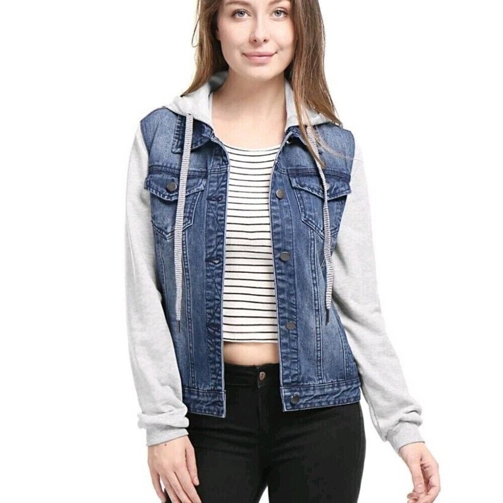 Allegra K Jacket Women's Half Denim Jean Hoodie Grey Sweater Button up Small